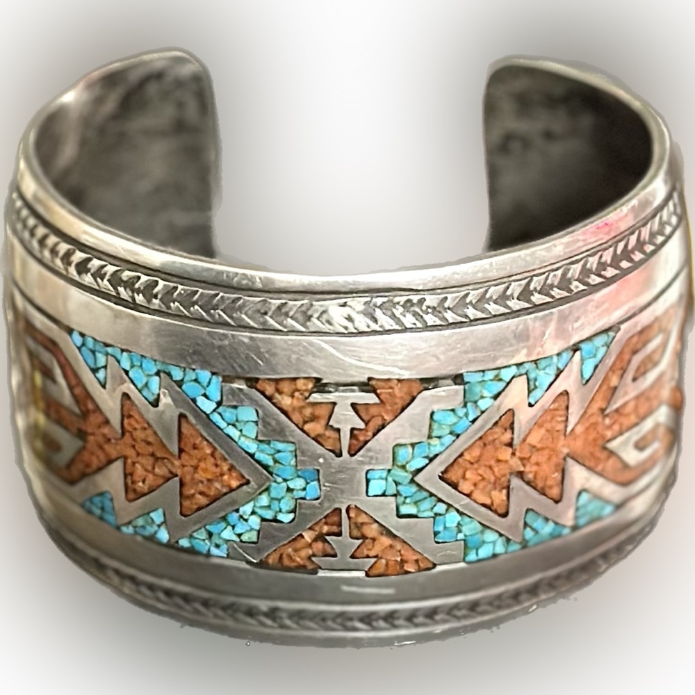 Navajo Sterling Silver Cuff Bracelet w/ Turquoise & Coral Chip Inlay